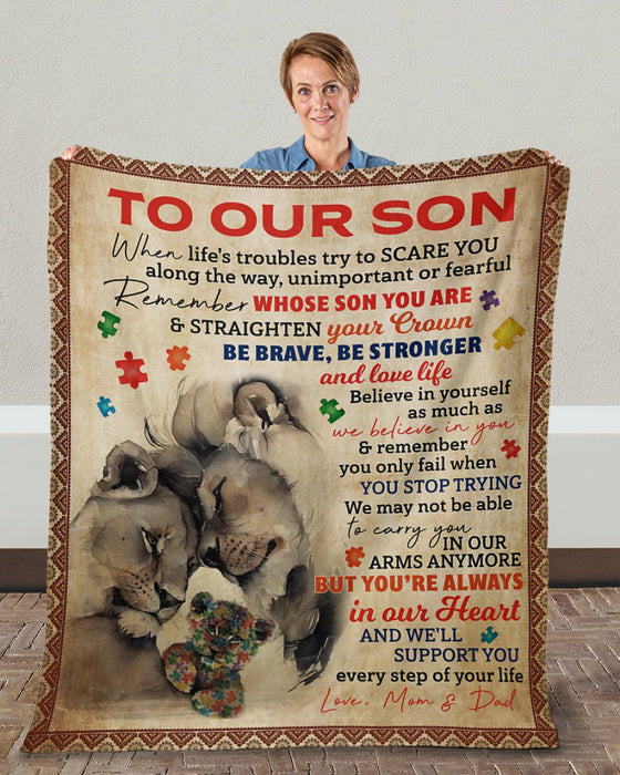 Personalized To My Son Blanket From Mom Dad Custom Name Lion Family Puzzle Be Brave Be Stronger Gifts For Birthday