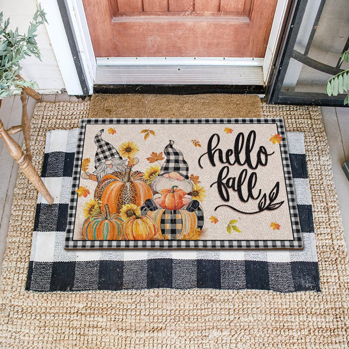 Welcome Doormat For Fall Lovers Hello Fall Cute Gnome With Sunflower & Maple Leaves Printed Leopard Plaid Design