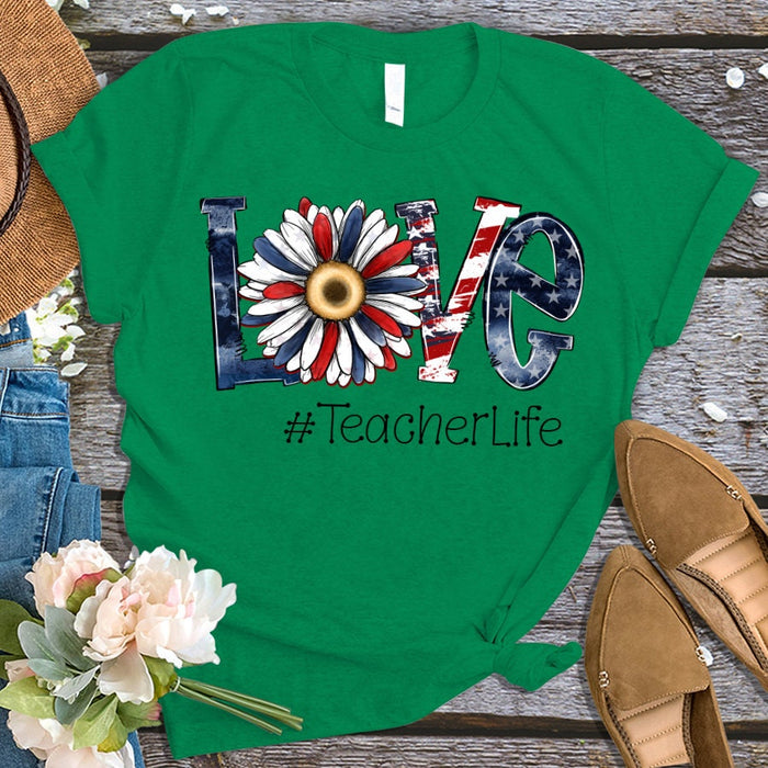 Personalized T-Shirt For Teacher Love Teacher Life Patriotic USA Flower Custom Hashtag Shirt Gifts For Back To School