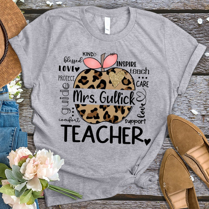 Personalized T-Shirt For Teacher Leopard Apple Teach Love Inspire Custom Name Shirt Gifts For Back To School