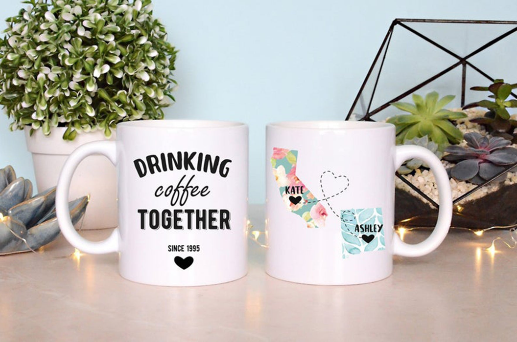 Personalized Coffee Mug For Friends Bestie Drinking Coffee Together Going Away Custom Name White Cup Long Distance Gifts