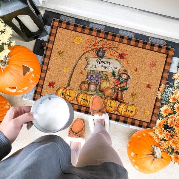 Personalized Welcome Doormat For Grandma Nana's Little Pumpkins Cute Scarecrow With Maple Leaves Custom Grandkid's Name