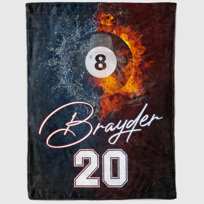Personalized Blanket For Billiard Lovers 3D Ball In Fire & Water Custom Name & Number Blanket For Team Fans Players