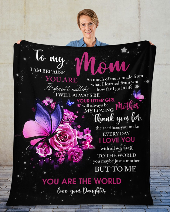 Personalized Black Fleece Blanket To My Mom On Mothers Day Pink Flower & Butterfly Blankets Custom Name