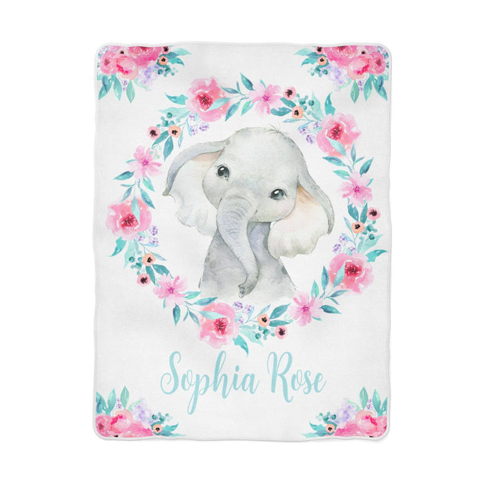 Personalized Baby Blanket Cute Elephant & Aqua Pink Floral Wreath Printed Custom Name Baby Reveal Blanket