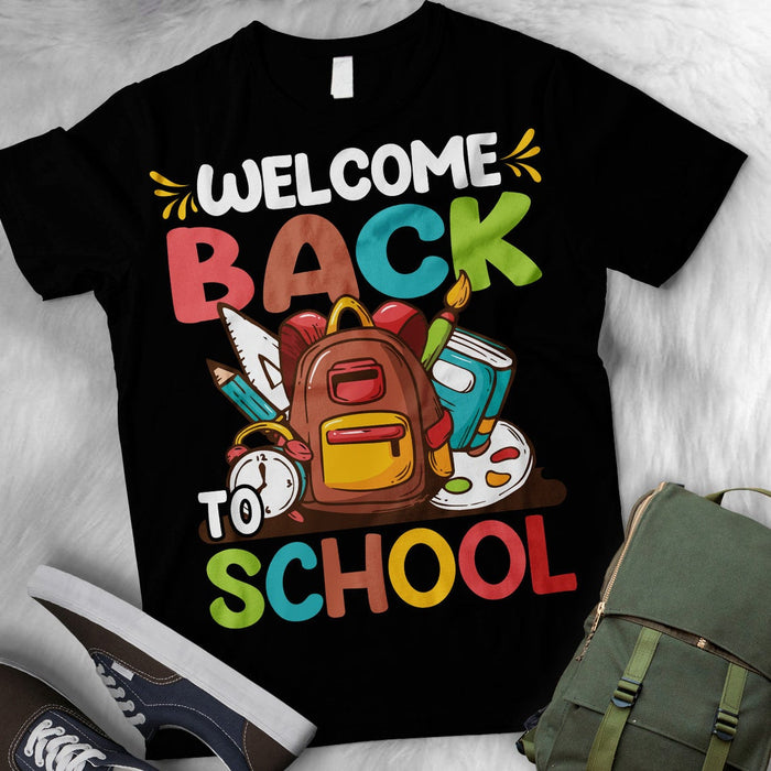 Classic T-Shirt For Kids Welcome Back To School Outfit Cute Backpack With Alarm Notebook Ruler Printed Color Design