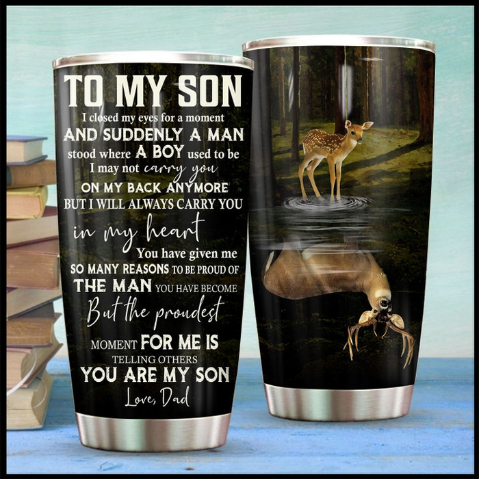 Personalized To My Son Tumbler From Dad Mom Hunting Deer Always Carry In My Heart Custom Name Travel Cup Birthday Gifts