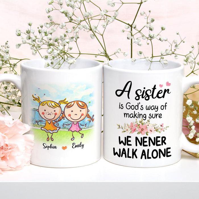 Personalized Ceramic Coffee Mug For Bestie BFF Never Walk Alone Cute Girls & Flower Print Custom Name 11 15oz Cup