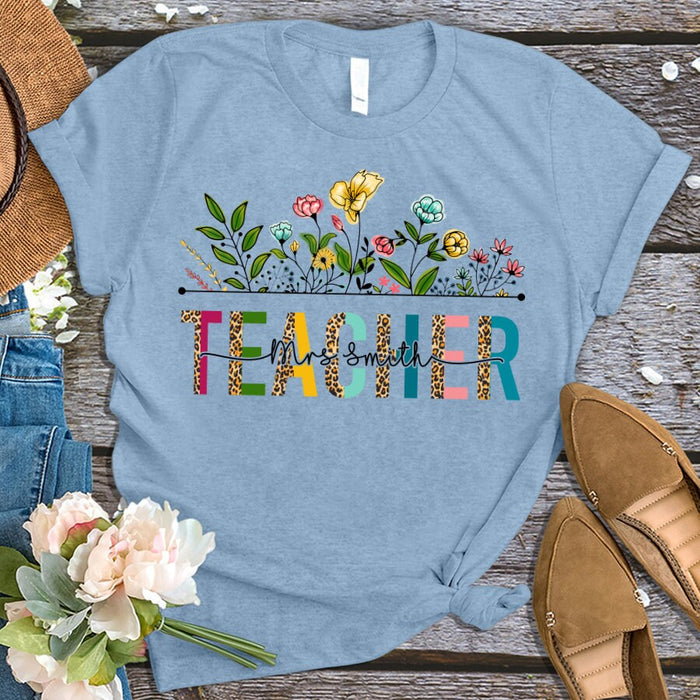Personalized T-Shirt For Teacher Appreciation Monogram Leopard Design Flower Custom Name Shirt Gifts For Back To School