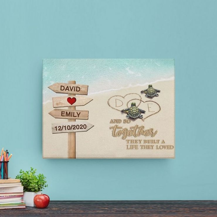 Personalized Canvas Wall Art For Couples Turtle Couple Beach Wooden Street Sign Custom Name Poster Prints Birthday Gifts