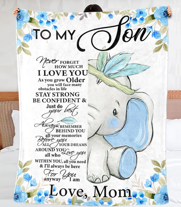 Personalized To My Son Premium Blanket From Mom Baby Elephant & Blue Flower Printed Never Forget How Much I Love You