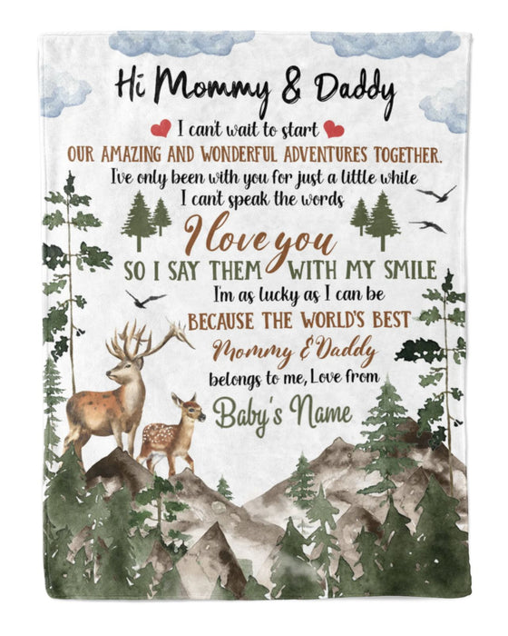 Personalized Blanket Hi Mommy & Daddy I Can'T Wait To Start Our Amazing Adventures Cute Deer Printed Woodland Blanket