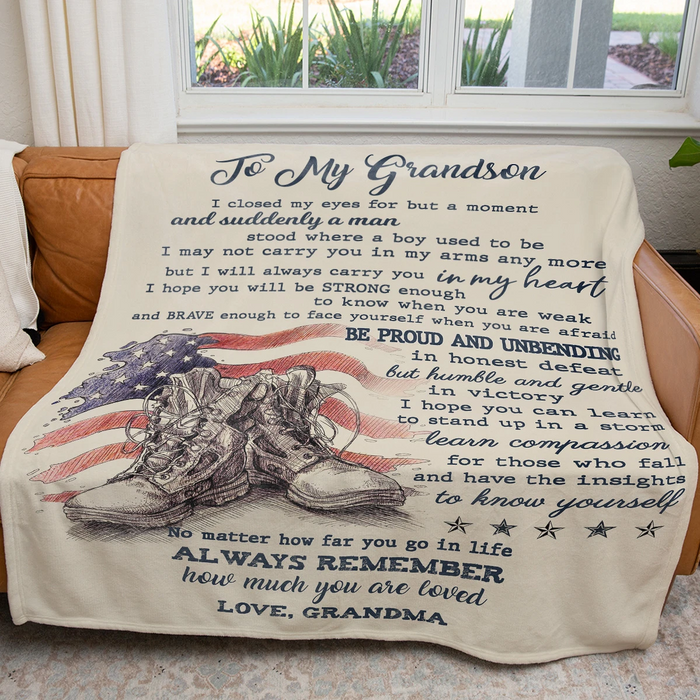 Personalized To My Grandson Blanket From Grandma I Close My Eyes For But A Moment US Flag & Military Shoes Printed