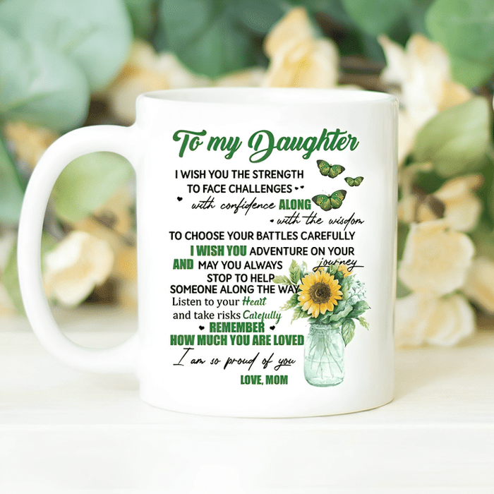 Personalized To My Daughter Coffee Mug Sunflower Face Challenges With Confidence Custom Name White Cup Christmas Gifts