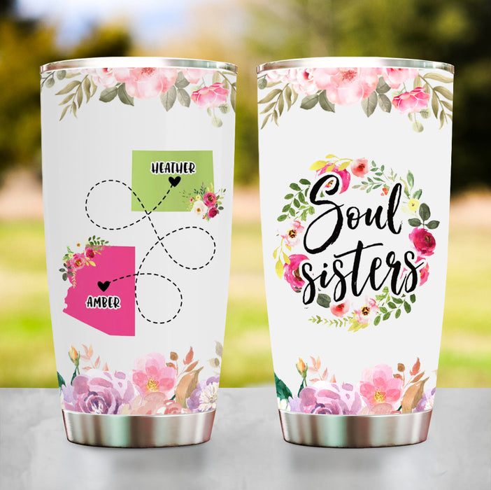 Personalized Tumbler For Best Friend Long Distance Gifts Soul Sister Floral Wreath Map Custom Name 20oz Travel Cup