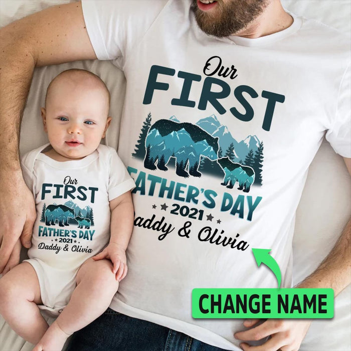 Personalized Matching T-Shirt & Baby Onesie Our First Father's Day Funny Old & Baby Bear Printed Custom Name Daddy & Baby Set