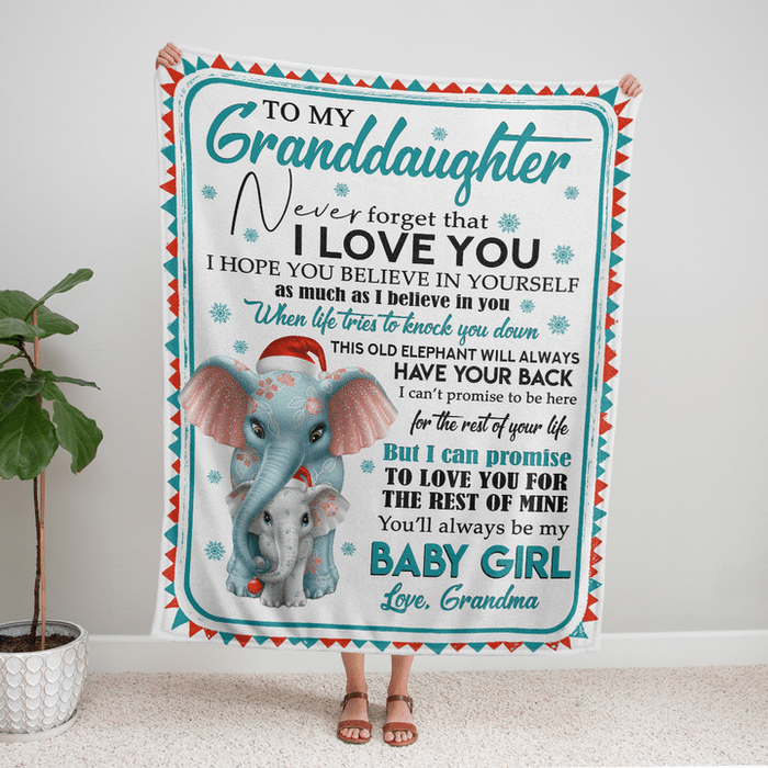 Personalized To My Granddaughter Blanket From Grandma Never Forget That I Love You Cute Elephant With Santa Hat Printed