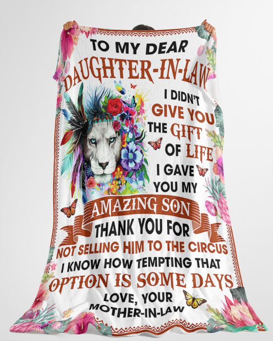 Personalized Blanket To My Daughter-in-law From Mom Thank You Lion With Butterfly And Flower Print Custom Name