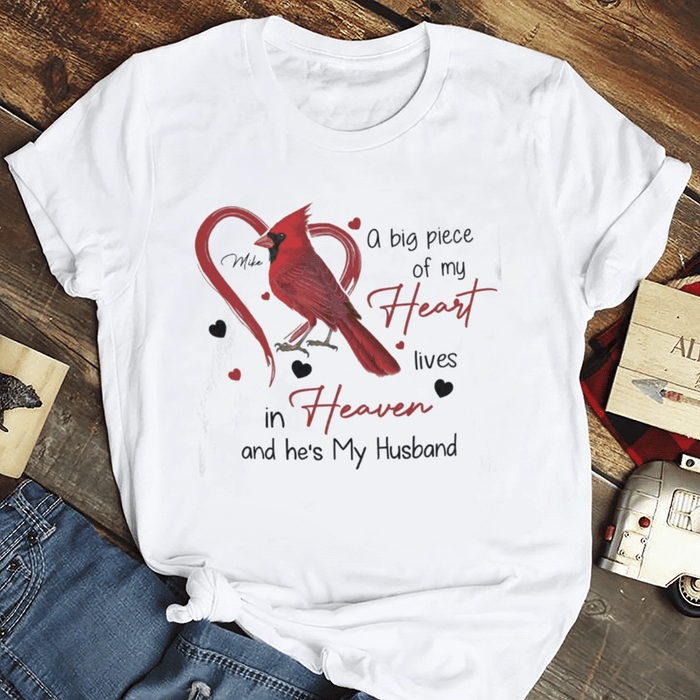 Personalized Memorial T-Shirt For Loss Of Husband My Heart Lives In Heaven He's My Loved Ones Custom Name Sympathy Gifts