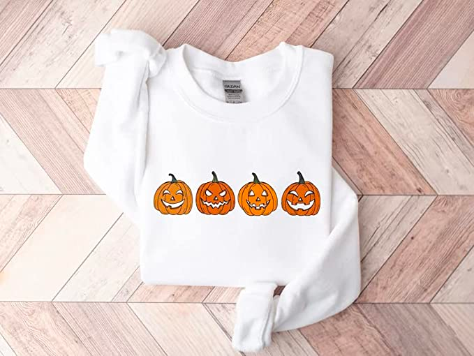 Halloween Sweatshirt Funny Pumpkin Face Jack-o-Lantern Crewneck Sweatshirt Spooky Season Long Sleeves Shirt