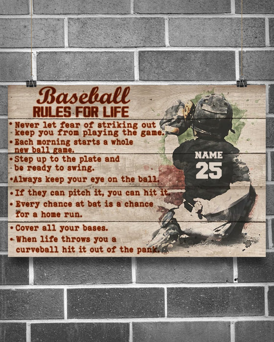 Personalized Canvas Wall Art For Baseball Lovers Baseball Rules For Life Watercolor Player Custom Name Poster Prints