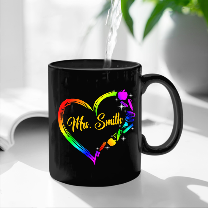 Personalized Coffee Mug For Teacher Colorful Heart School Supplies Custom Name Ceramic Black Cup Back To School Gifts