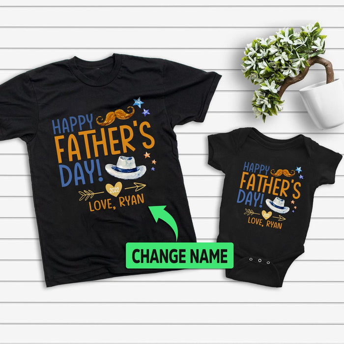 Personalized Matching T-Shirt & Baby Onesie Happy Father's Day Funny Mustache & Hat Custom Name Daddy & Baby Set