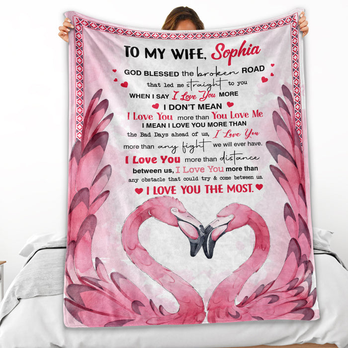 Personalized Blanket To My Wife I Love You More Than You Love Me Pink Flamingo Couple Blanket For Valentines Custom Name