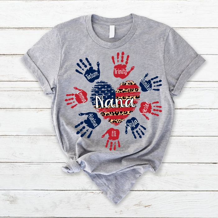 Personalized T-Shirt For Grandma Nana Heart USA Flag Leopard Design Handprints Printed Custom Grandkids Name