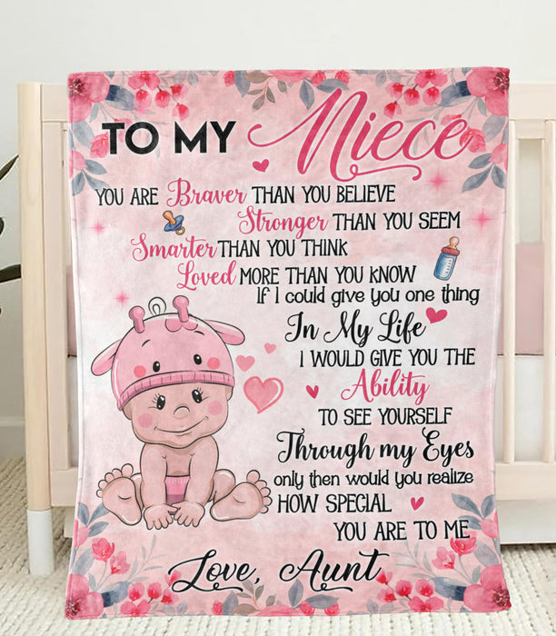 Personalized To My Niece Blanket From Aunt Lovely Baby & Cute Flowers Printed Pink Background Custom Name