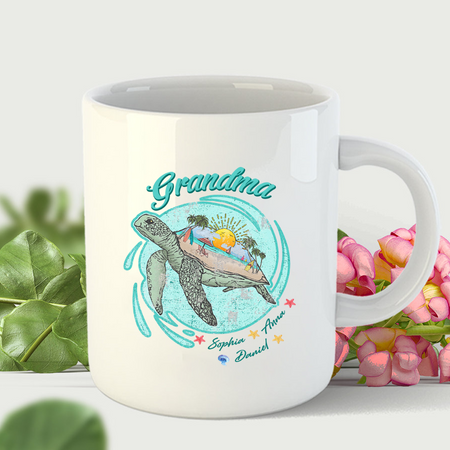 Personalized Ceramic Coffee Mug For Grandma Turtle Print Summer Beach Design Custom Grandkids Name 11 15oz Cup