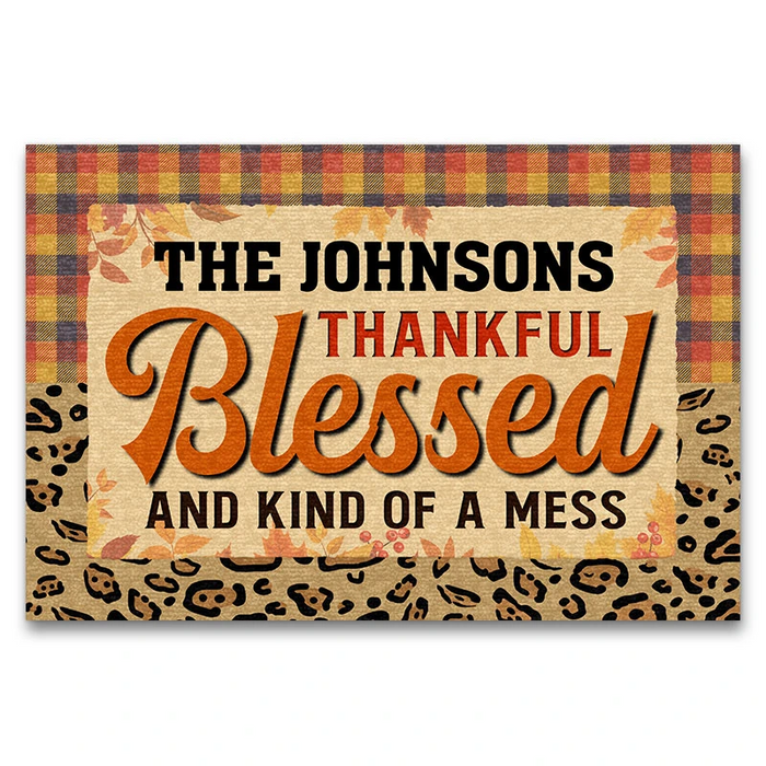 Personalized Welcome Doormat Thankful Blessed And Kind Of A Mess Leaves Printed Leopard Plaid Design Custom Family Name