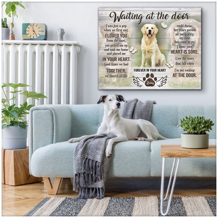 Personalized Memorial Canvas Wall Art For Loss Of Dog Waiting At The Door Angel Wings Butterflies Custom Name & Photo