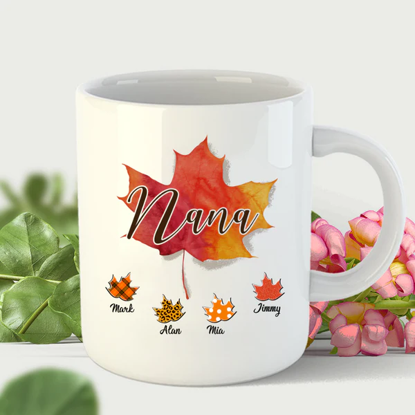 Personalized Coffee Mug Gifts For Grandmother Nana Fall Maple Leaves Custom Grandkids Name Thanksgiving White Cup