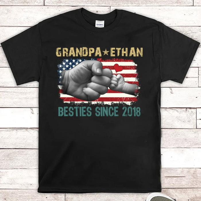 Personalized T-Shirt Grandpa & Grandkid Besties Since Year Cute Fist Bump & Us Flag Printed Custom Name