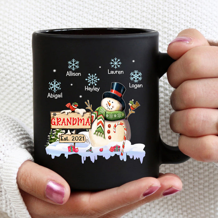 Personalized Coffee Mug Gifts For Grandma Nana With Little Snowflake Snowman Custom Grandkids Name Christmas Black Cup