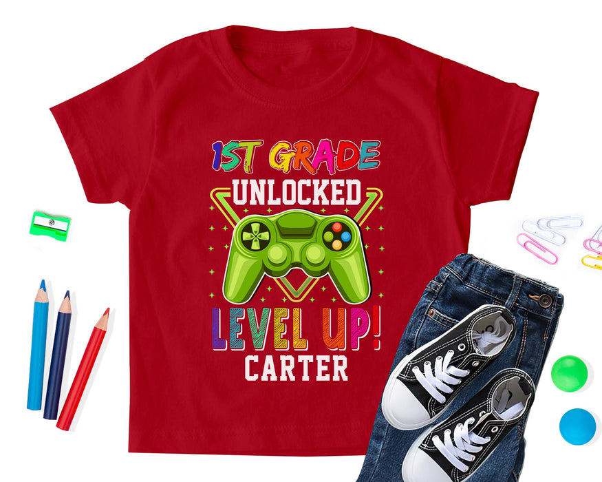 Personalized T-Shirt Gifts For Kids Game Lovers 1st Grade Unlocked Level Up Custom Name & Grade Back To School Outfit