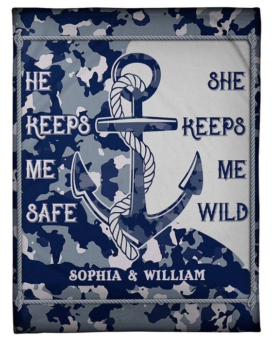 Personalized Fleece Blanket For Navy Veteran Couple He Keeps Me Sale She Keeps Me Wild Anchor Printed Custom Names