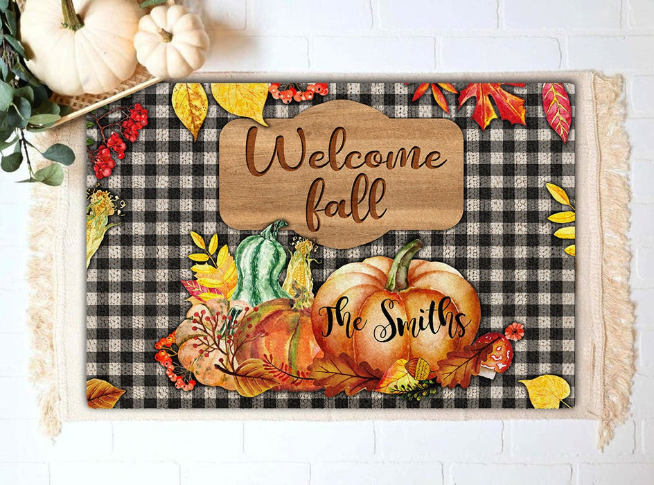 Personalized Doormat For Fall Lovers Welcome Fall Pumpkin & Maple Leaves Printed Plaid Design Custom Family Name