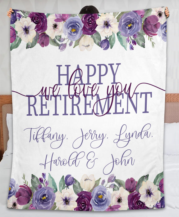 Personalized Retirement Blanket For Coworker Purple Floral Flowers Custom Name Retired Gifts For Men Women
