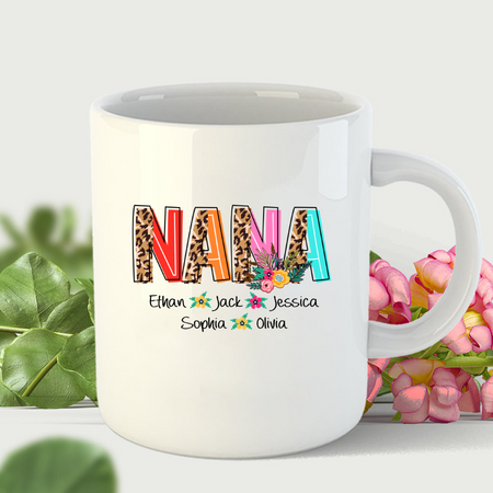 Personalized Ceramic Coffee Mug For Grandma Flower Print Leopard Design Custom Grandkids Name 11 15oz Summer Cup