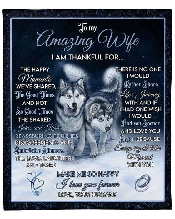 Personalized Sweet Blanket To My Amazing Wife I Am Thankful For Snow Wolf Couple Print Blanket For Valentine Custom Name