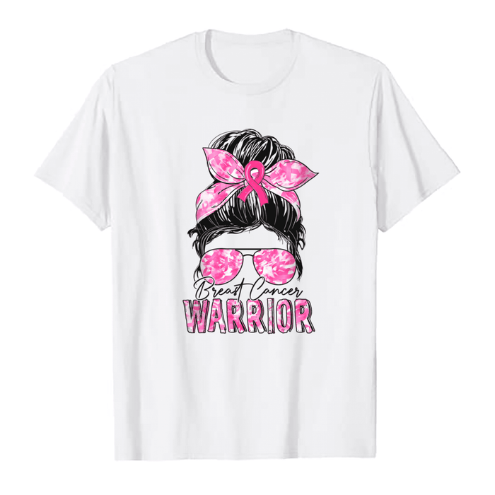Breast Cancer Awareness T-Shirt For Girl Women Messy Bun Pink Hair Ribbon Shirt For Cancer Support Inspirational Gifts