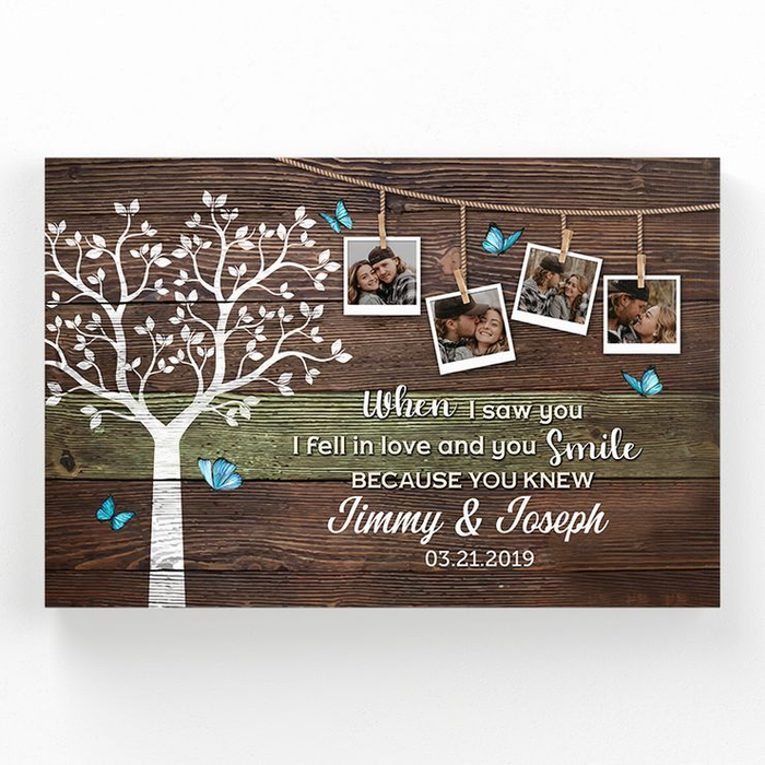 Personalized Canvas Wall Art For Couples I Fell In Love And You Smile Wooden Tree Custom Name Photo Poster Prints Gifts