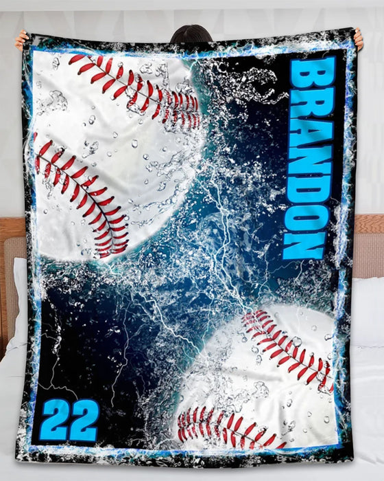 Personalized Blanket For Son Dad Men Baseball Lovers 3D Ball In Water Printed Custom Name & Jersey Number