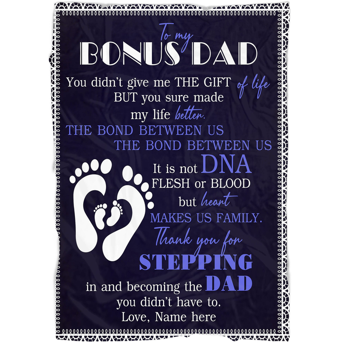 Personalized To My Bonus Dad Blanket From Son Daughter Heart Footprint Make Us Family Custom Name Gifts For Christmas