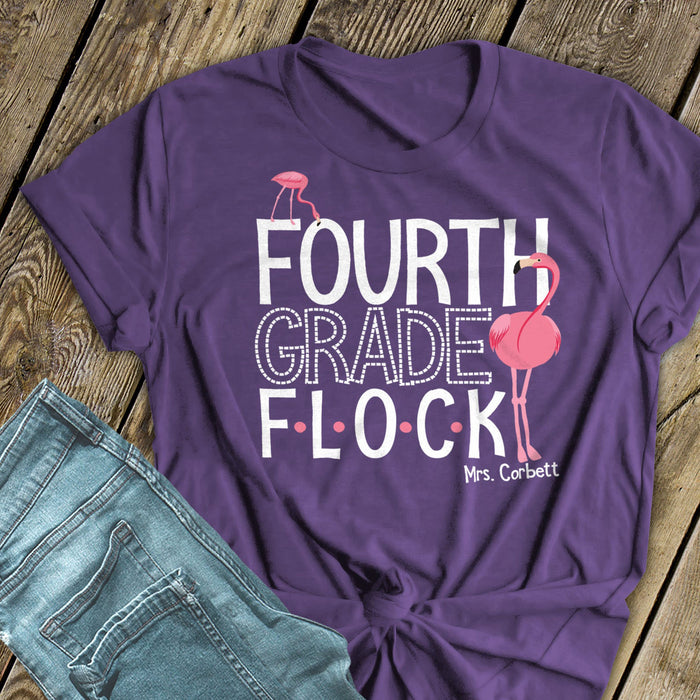 Personalized T-Shirt For Teacher Fourth Grade Pink Flamingo Flock Custom Name And Grade Level Back To School Outfit
