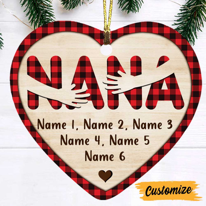 Personalized Ornament For Grandma From Grandchildren Hands Hug Heart Red Black Plaid Custom Name Gifts For Christmas