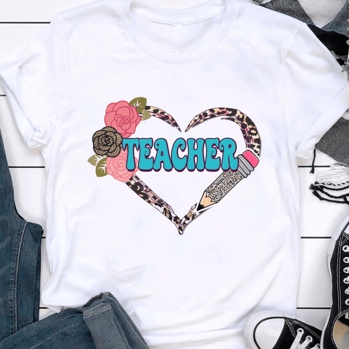 Personalized T-Shirt For Teacher Leopard Heart With Pencil Flowers Custom Title Shirt Gifts For Back To School