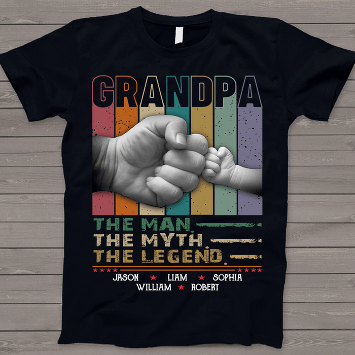 Personalized T-Shirt For Grandpa Colorful Stripes Design Fist Bump Print Custom Name Father's Day Shirt